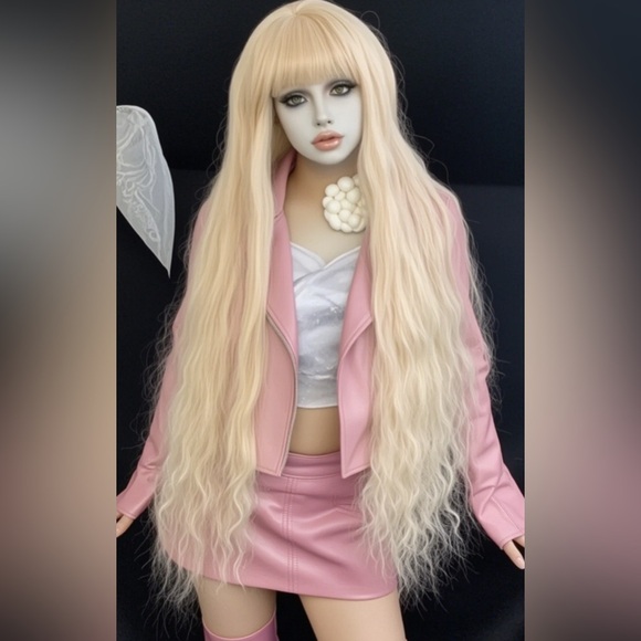 Sissy Princess Extra Long Curly Blonde Cosplay WigWith Bangs Lolita Wig 44 inch - Picture 3 of 6